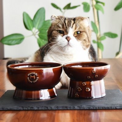 ＜猫壱＞猫用　脚付ウォーターボウル　日本製　ブラウン　猫入り画像1